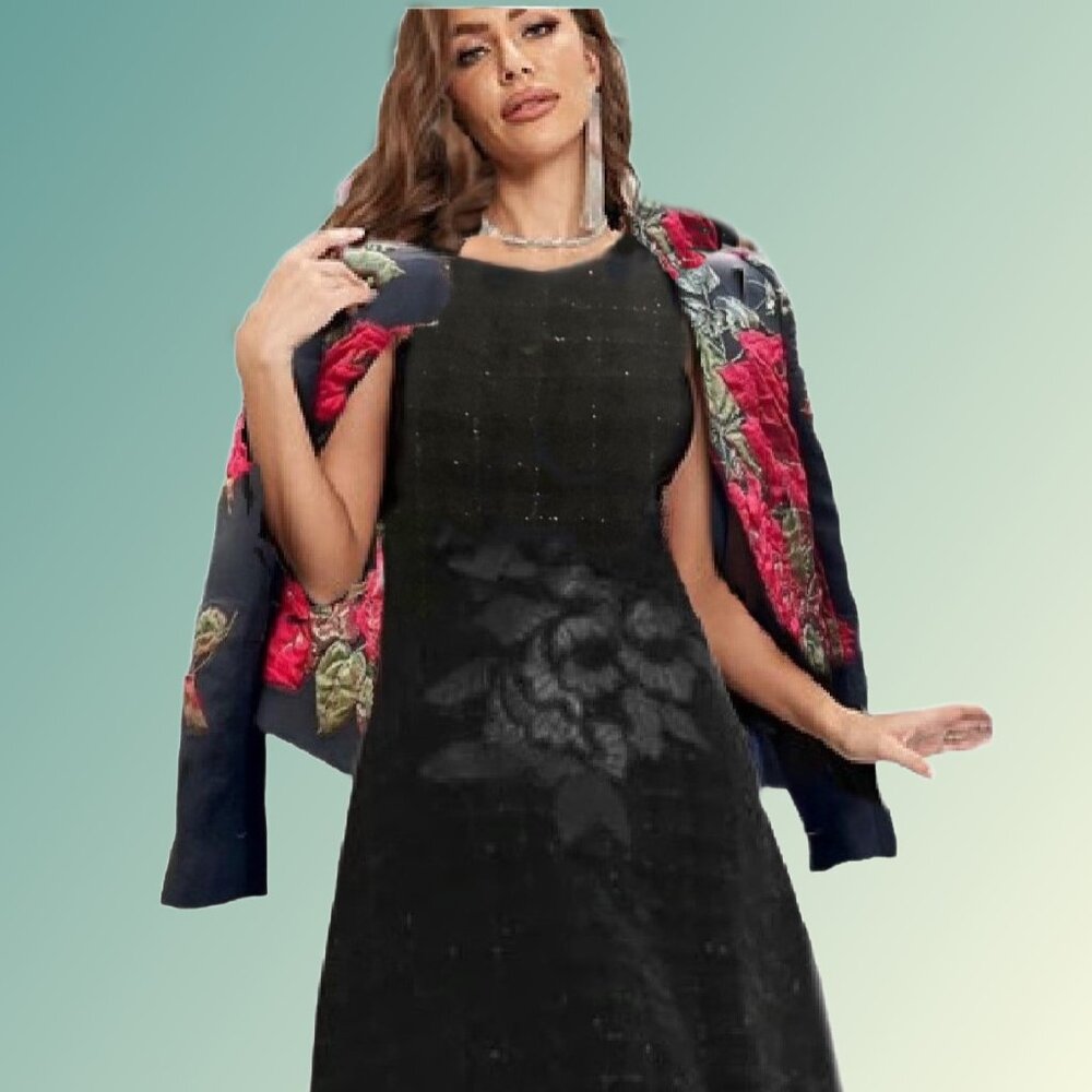 UDEL Velvety Textured Plaid Tweed Floral Applique Sleeveless Dress Jumper Sz M